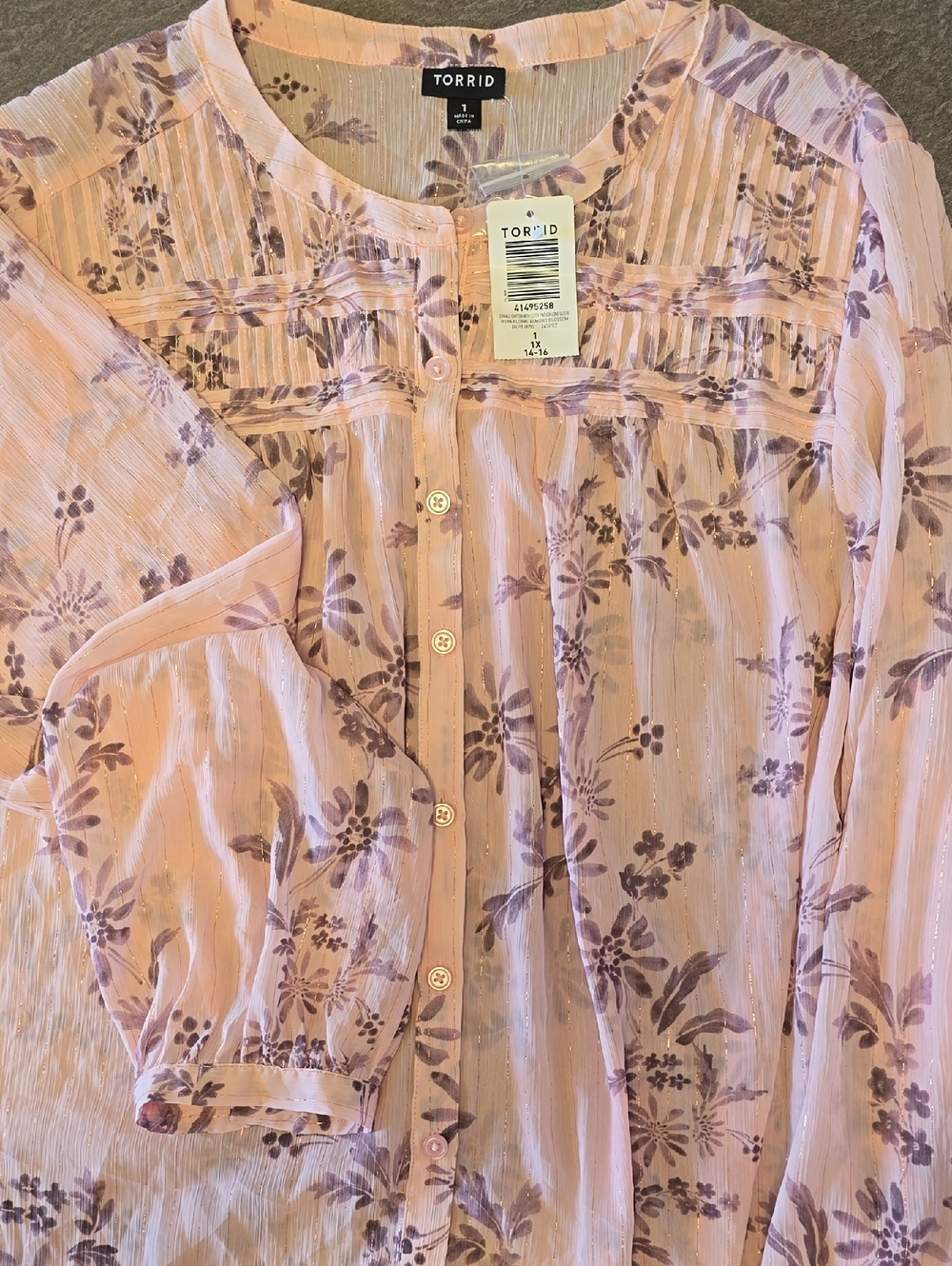 Torrid Lavender Floral Pink Button-Front Peasant Blouse